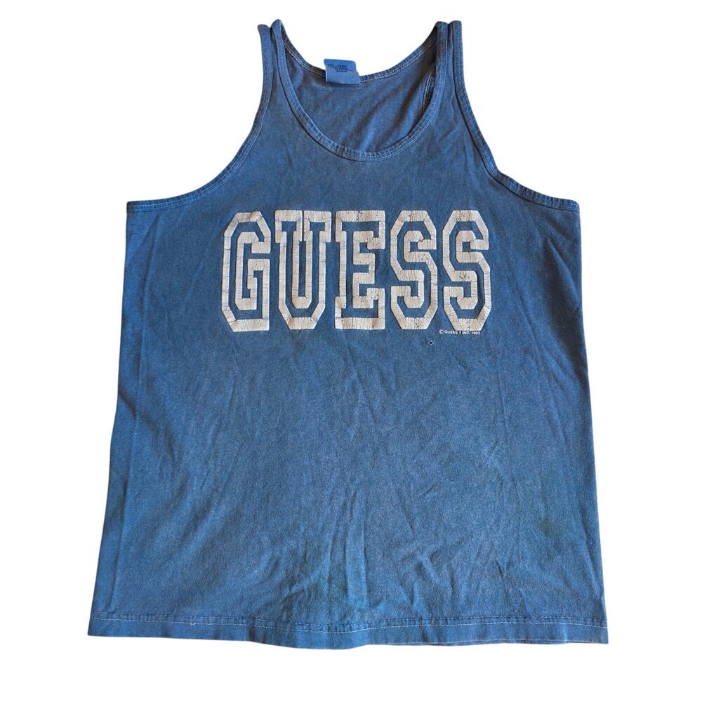 Vintage 1993 Guess Georges‎ Marciano Spellout Tank Top Men's Medium Blue